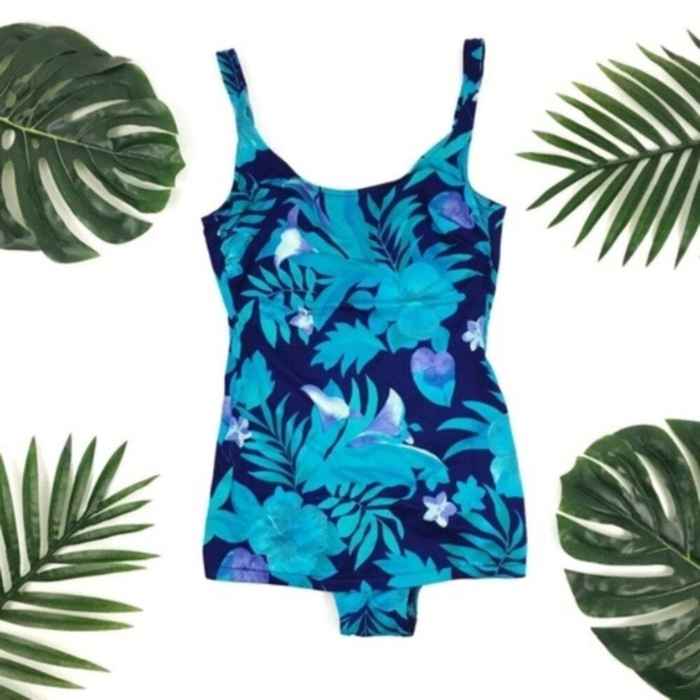 Vintage 80s Hawaiian Tropical Floral One-Piece Skirted Swimsuit Blue size M/L - Picture 2 of 9
